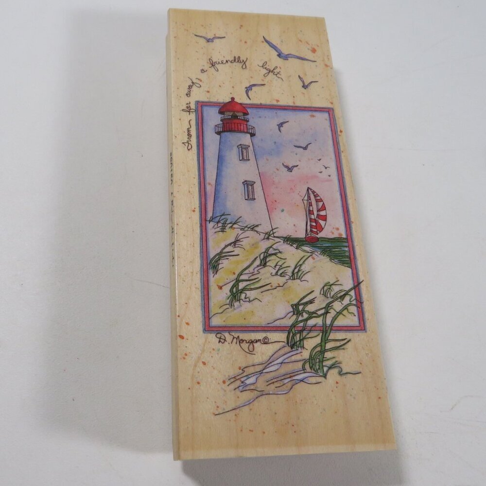 D. Morgan LARGE Rubber Stamp Wood Backed Lighthouse "A Friendly Light"